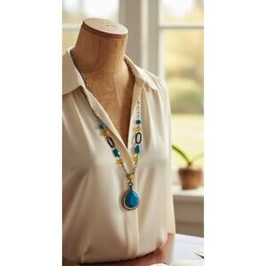 Lia Sophia Turquoise Teardrop Pendant Necklace Silver Tone Adjustable Chain 9.5"